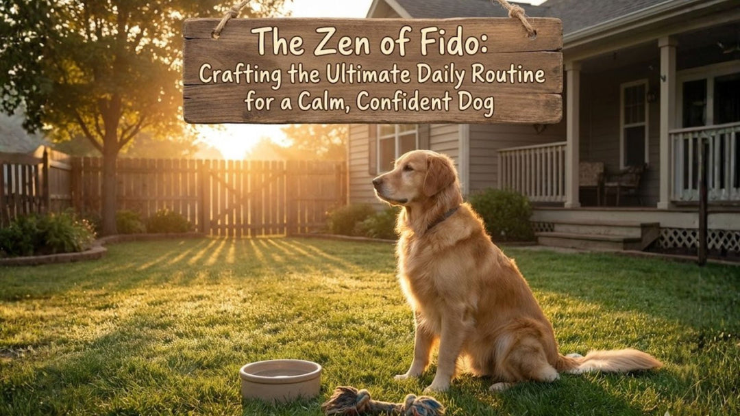 Perro sentado en el patio de su casa frente a su casuela de comida, un cartel colgado encima de su cabeza