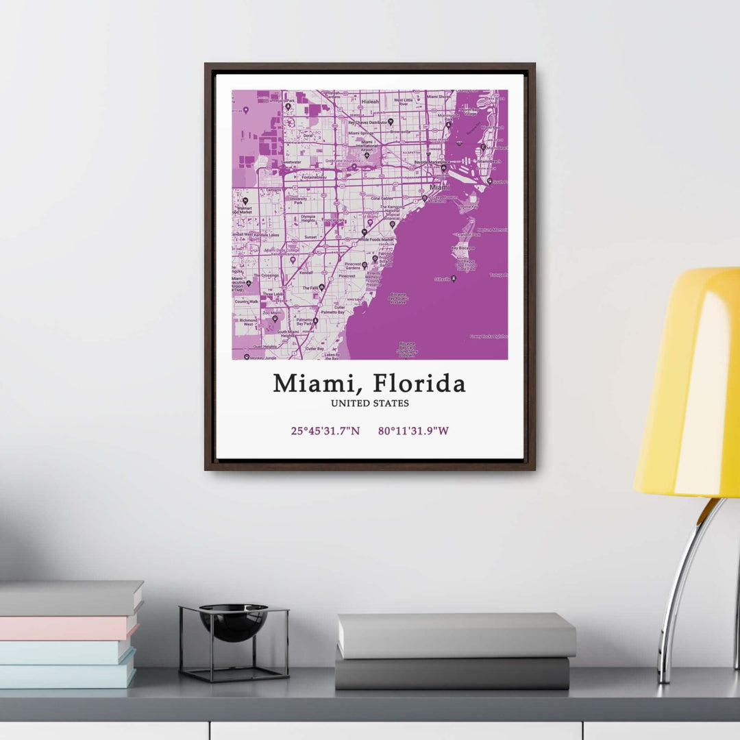 Miami Florida Map Gallery Canvas Wraps, Vertical FrameLet your personality be reflected in the artwork adorning your walls. This Miami, Florida vertical gallery-wrapped canvas print will always look as tight and flat as the day it was made. Every frame is