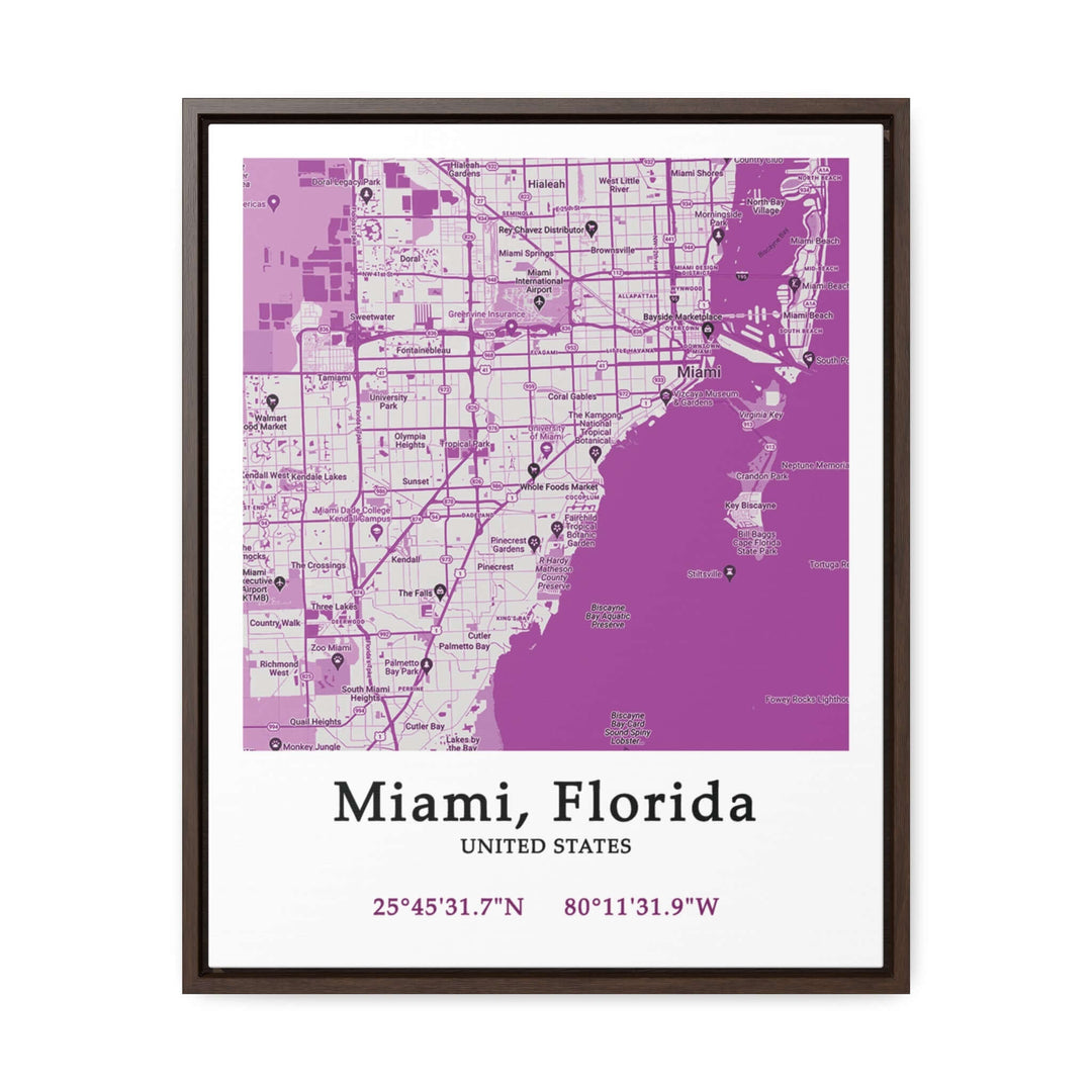 Miami Florida Map Gallery Canvas Wraps, Vertical FrameLet your personality be reflected in the artwork adorning your walls. This Miami, Florida vertical gallery-wrapped canvas print will always look as tight and flat as the day it was made. Every frame is