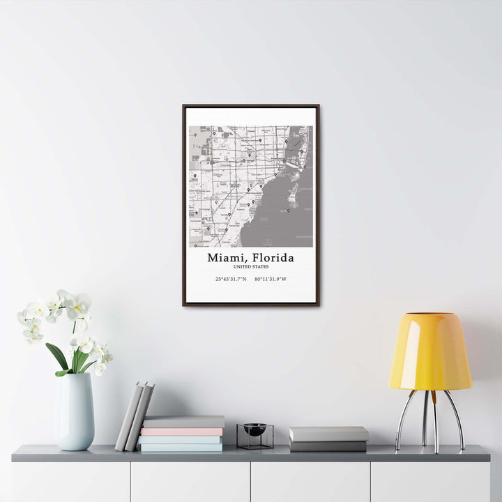 Miami Florida Map Gallery Canvas Wraps, Vertical FrameLet your personality be reflected in the artwork adorning your walls. This Miami, Florida vertical gallery-wrapped canvas print will always look as tight and flat as the day it was made. Every frame is