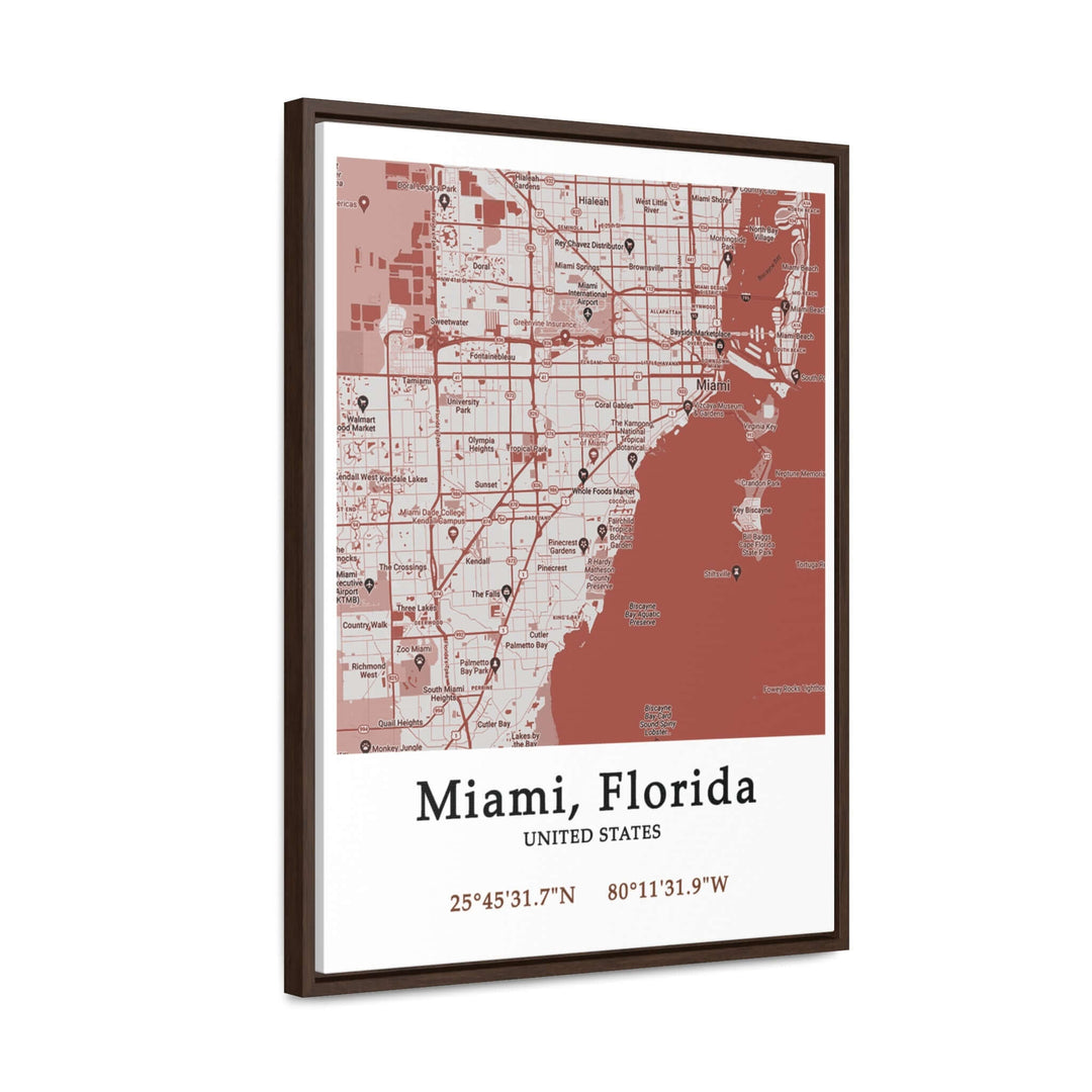 Miami Florida Map Gallery Canvas Wraps, Vertical FrameLet your personality be reflected in the artwork adorning your walls. This Miami, Florida vertical gallery-wrapped canvas print will always look as tight and flat as the day it was made. Every frame is