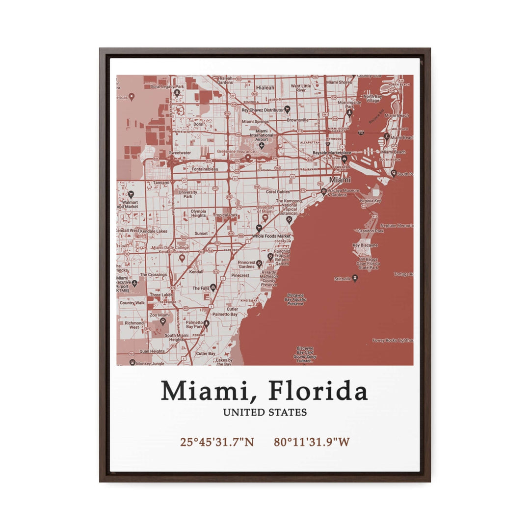 Miami Florida Map Gallery Canvas Wraps, Vertical FrameLet your personality be reflected in the artwork adorning your walls. This Miami, Florida vertical gallery-wrapped canvas print will always look as tight and flat as the day it was made. Every frame is