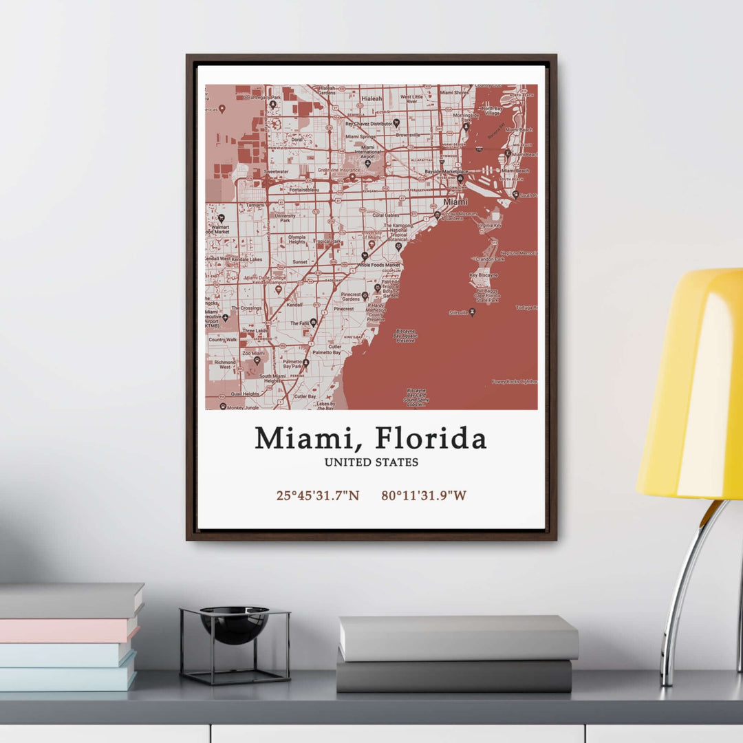 Miami Florida Map Gallery Canvas Wraps, Vertical FrameLet your personality be reflected in the artwork adorning your walls. This Miami, Florida vertical gallery-wrapped canvas print will always look as tight and flat as the day it was made. Every frame is