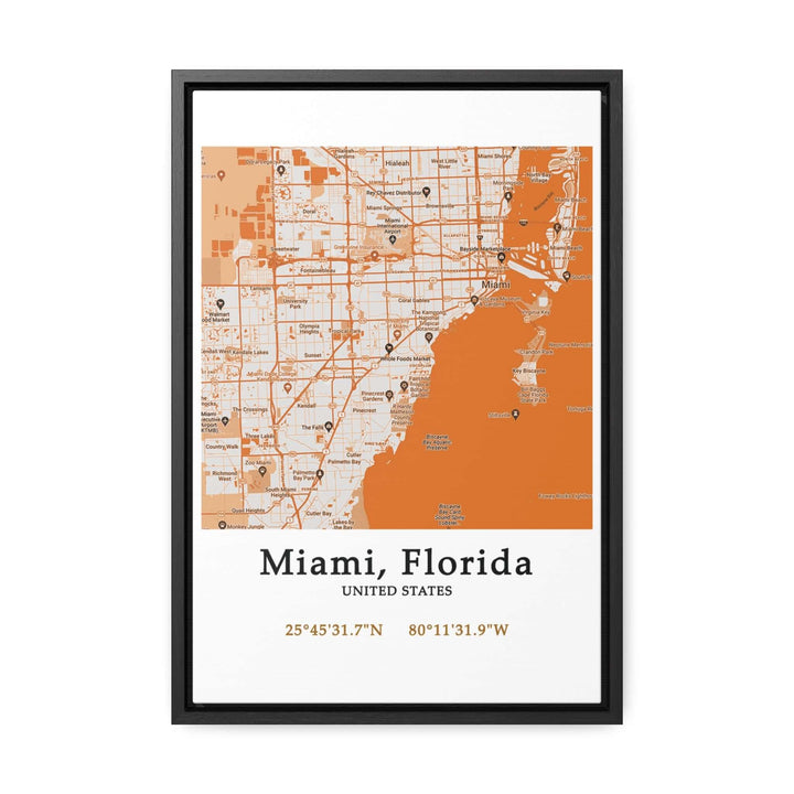 Miami Florida Map Gallery Canvas Wraps, Vertical FrameLet your personality be reflected in the artwork adorning your walls. This Miami, Florida vertical gallery-wrapped canvas print will always look as tight and flat as the day it was made. Every frame is