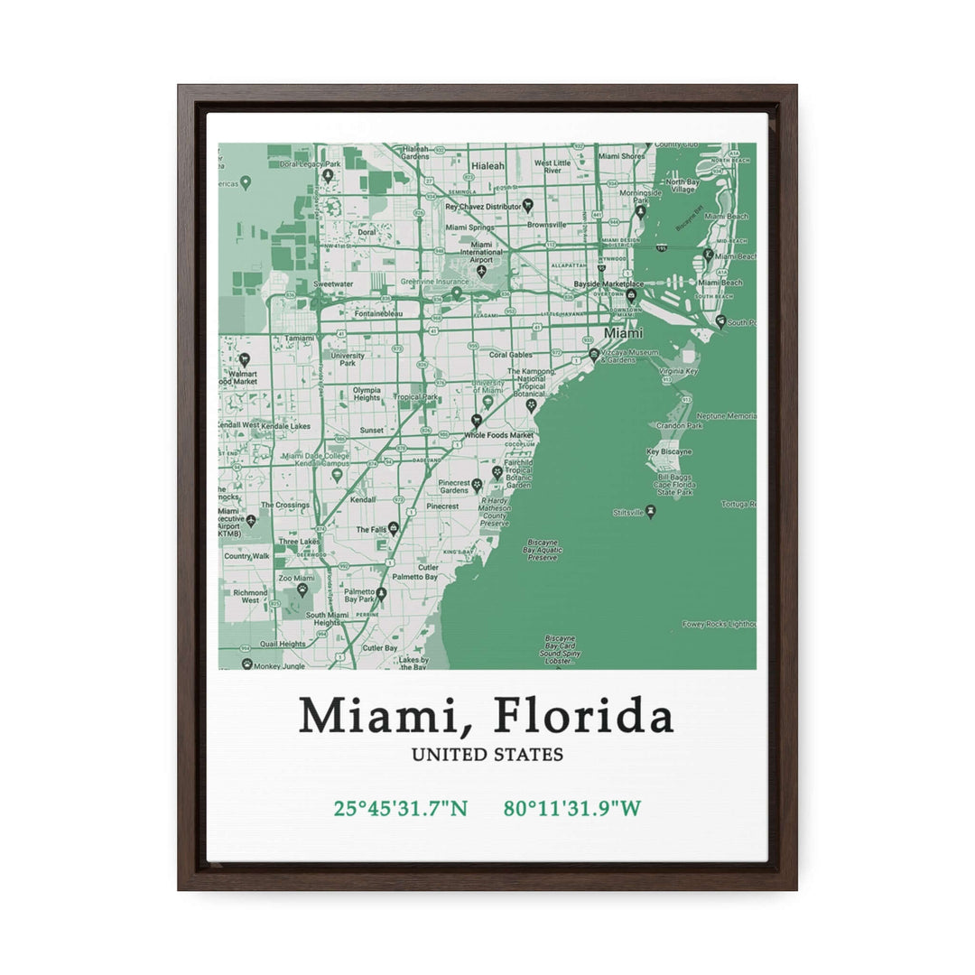 Miami Florida Map Gallery Canvas Wraps, Vertical FrameLet your personality be reflected in the artwork adorning your walls. This Miami, Florida vertical gallery-wrapped canvas print will always look as tight and flat as the day it was made. Every frame is