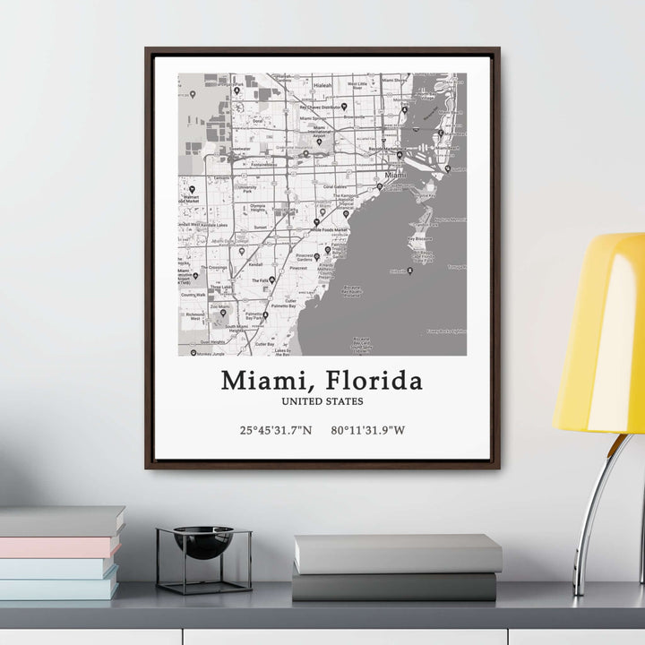 Miami Florida Map Gallery Canvas Wraps, Vertical FrameLet your personality be reflected in the artwork adorning your walls. This Miami, Florida vertical gallery-wrapped canvas print will always look as tight and flat as the day it was made. Every frame is