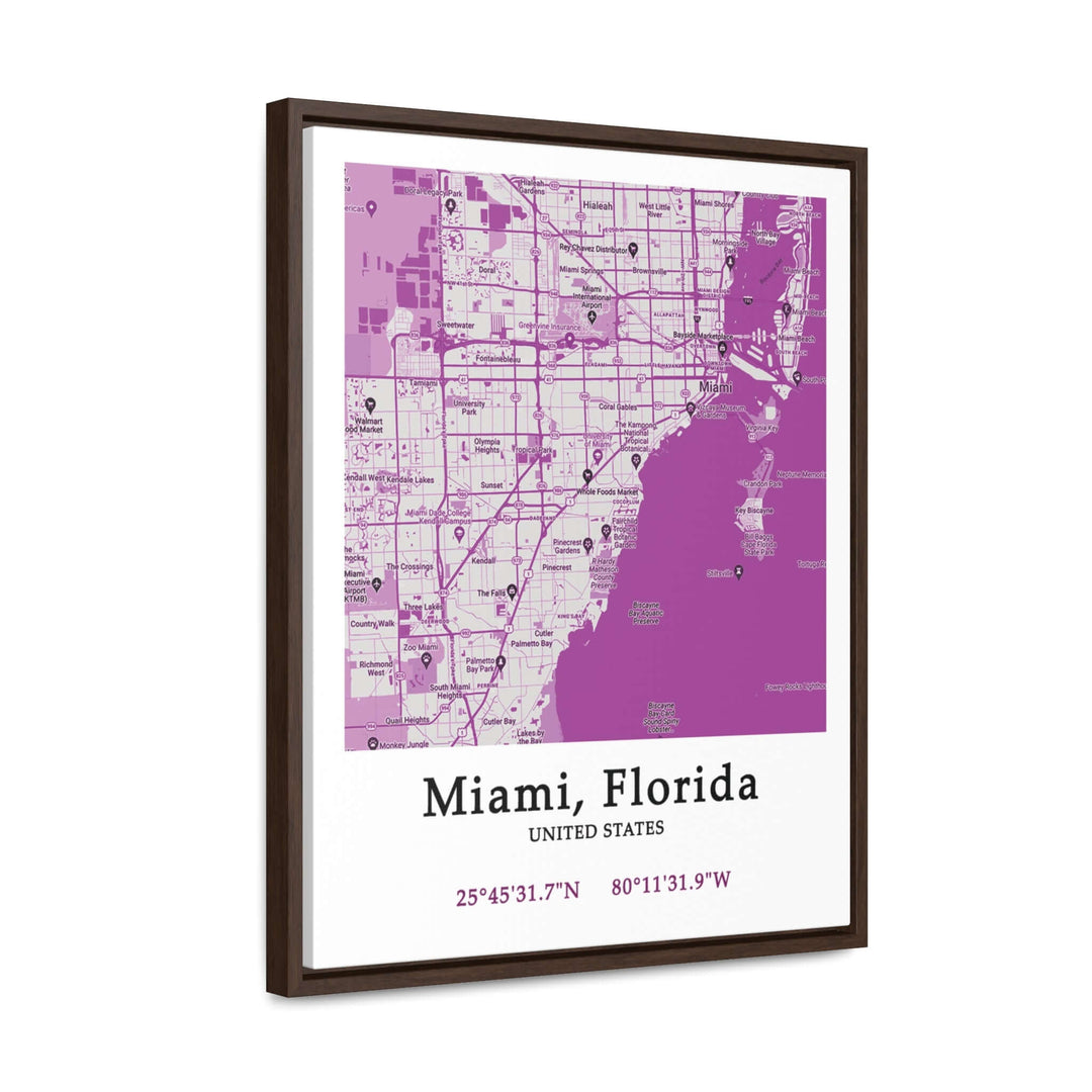 Miami Florida Map Gallery Canvas Wraps, Vertical FrameLet your personality be reflected in the artwork adorning your walls. This Miami, Florida vertical gallery-wrapped canvas print will always look as tight and flat as the day it was made. Every frame is