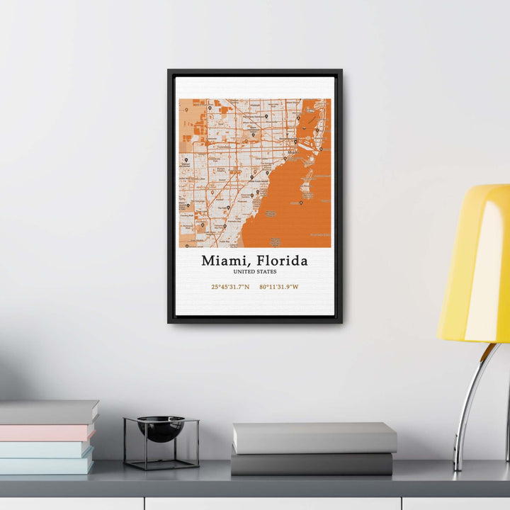 Miami Florida Map Gallery Canvas Wraps, Vertical FrameLet your personality be reflected in the artwork adorning your walls. This Miami, Florida vertical gallery-wrapped canvas print will always look as tight and flat as the day it was made. Every frame is