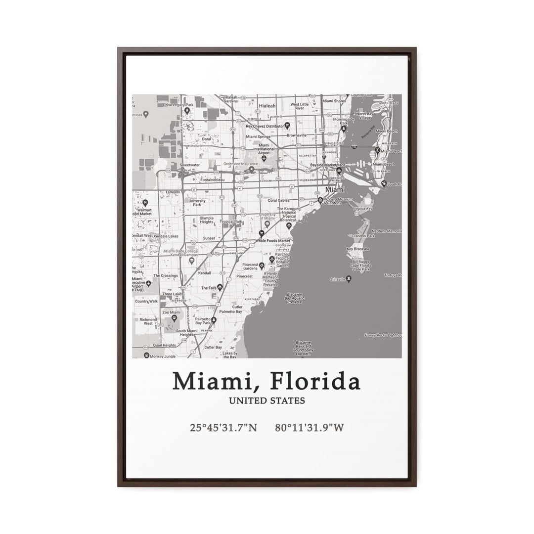 Miami Florida Map Gallery Canvas Wraps, Vertical FrameLet your personality be reflected in the artwork adorning your walls. This Miami, Florida vertical gallery-wrapped canvas print will always look as tight and flat as the day it was made. Every frame is