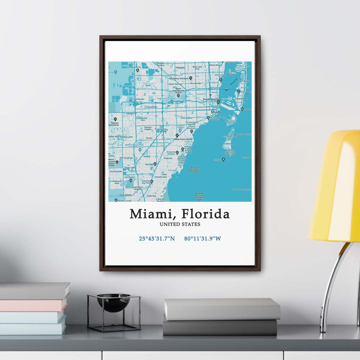 Miami Florida Map Gallery Canvas Wraps, Vertical FrameLet your personality be reflected in the artwork adorning your walls. This Miami, Florida vertical gallery-wrapped canvas print will always look as tight and flat as the day it was made. Every frame is