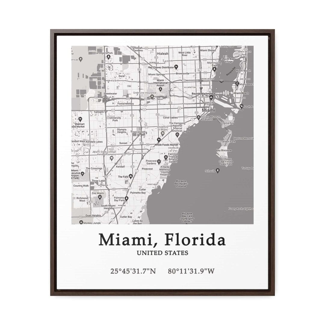 Miami Florida Map Gallery Canvas Wraps, Vertical FrameLet your personality be reflected in the artwork adorning your walls. This Miami, Florida vertical gallery-wrapped canvas print will always look as tight and flat as the day it was made. Every frame is