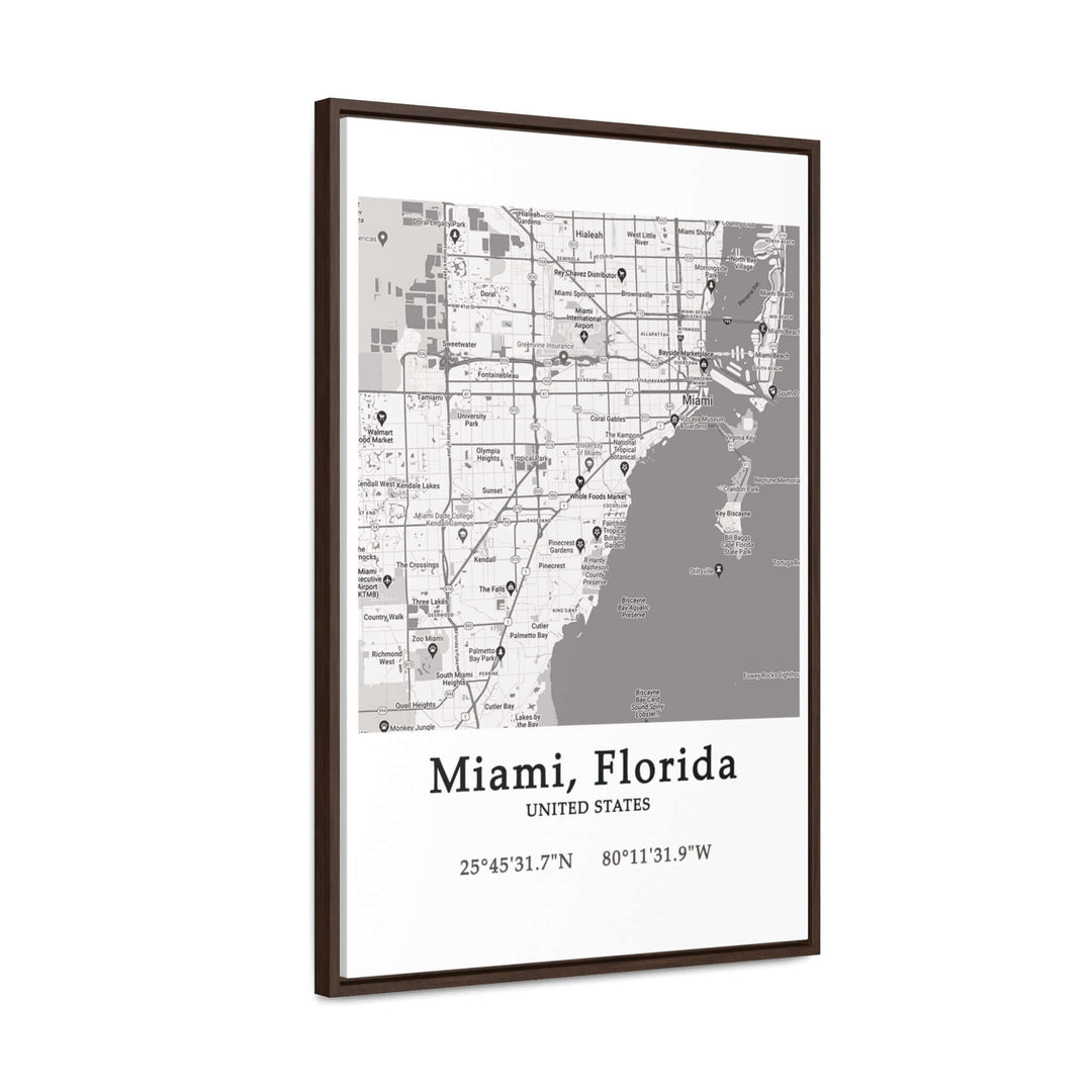 Miami Florida Map Gallery Canvas Wraps, Vertical FrameLet your personality be reflected in the artwork adorning your walls. This Miami, Florida vertical gallery-wrapped canvas print will always look as tight and flat as the day it was made. Every frame is