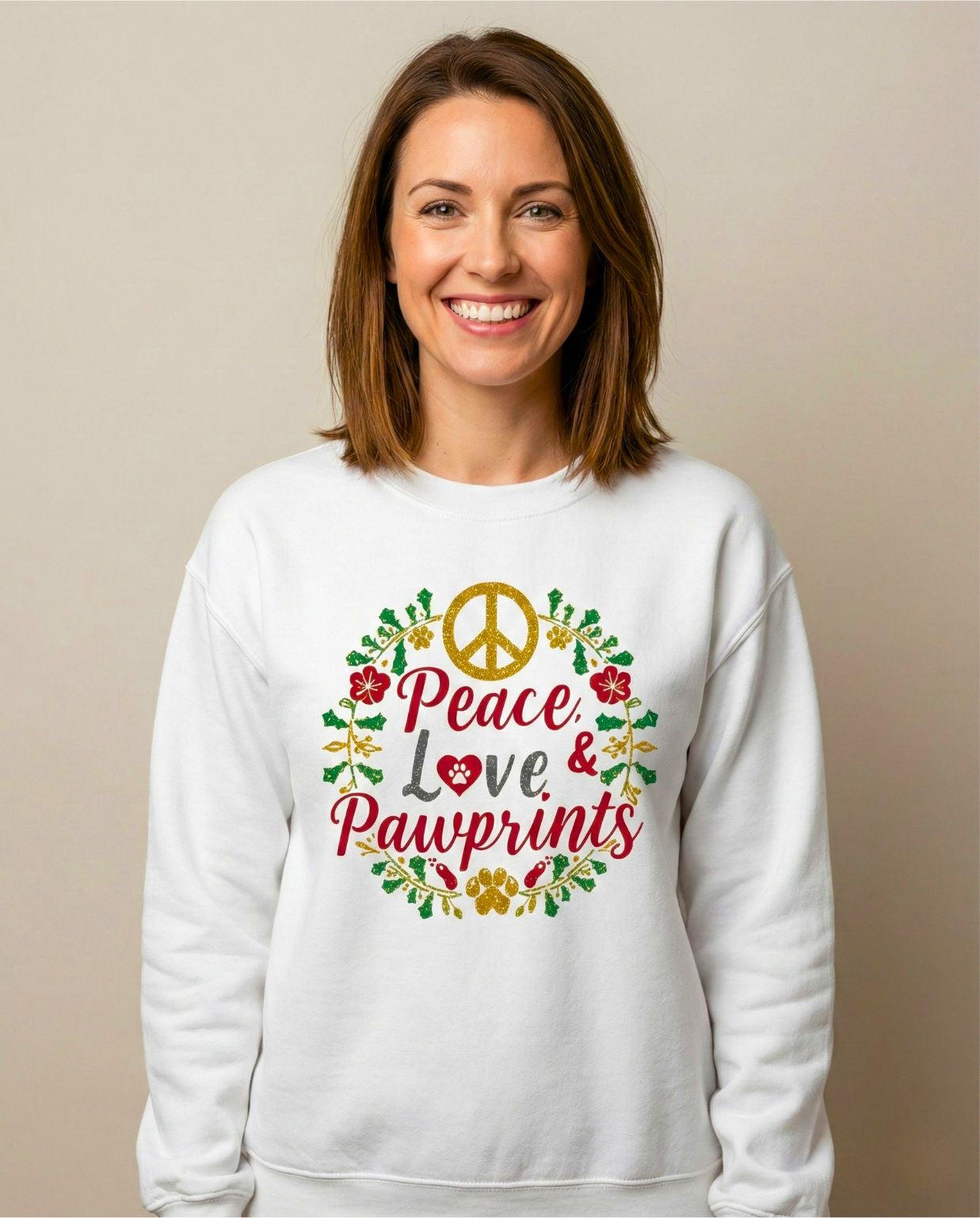 Peace, Love & Pawprints Crewneck Sweatshirt — Floral Wreath Peace Sign - brillasTU #