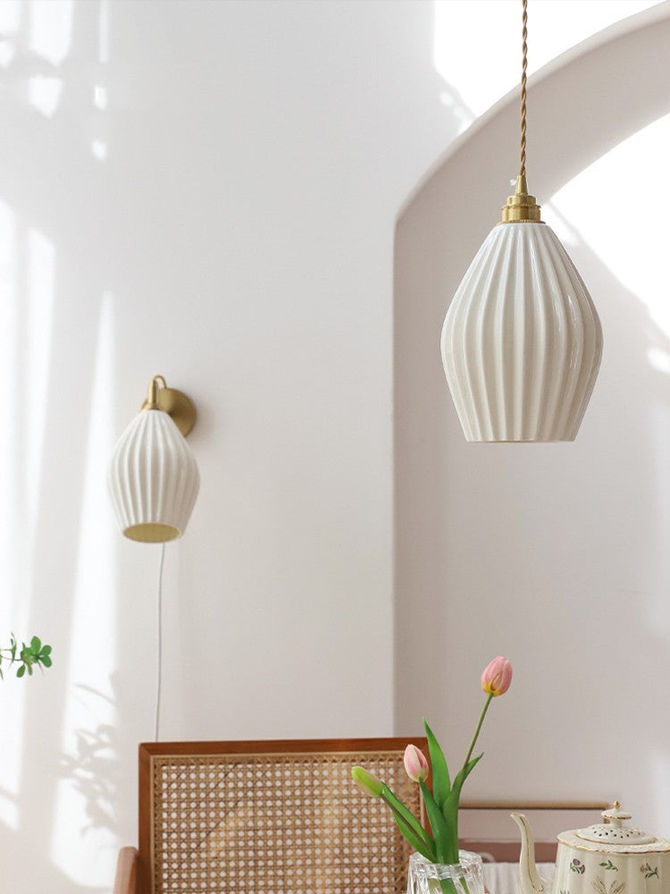 Elegant White Ceramic Pendant Light with Brass Accents